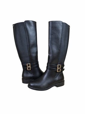 NWT Jones New York Women's Black Leather Knee-High Riding Boots Zip & Buckle,Sz6